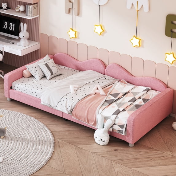 Twin Size Wood Daybed, Sherpa Fabric Sofabed with Cloud-Shaped Backrest, Upholstered Day Bed Frame Bedroom Sofabed for Multipurpose Guest Room or Living Room, Pink