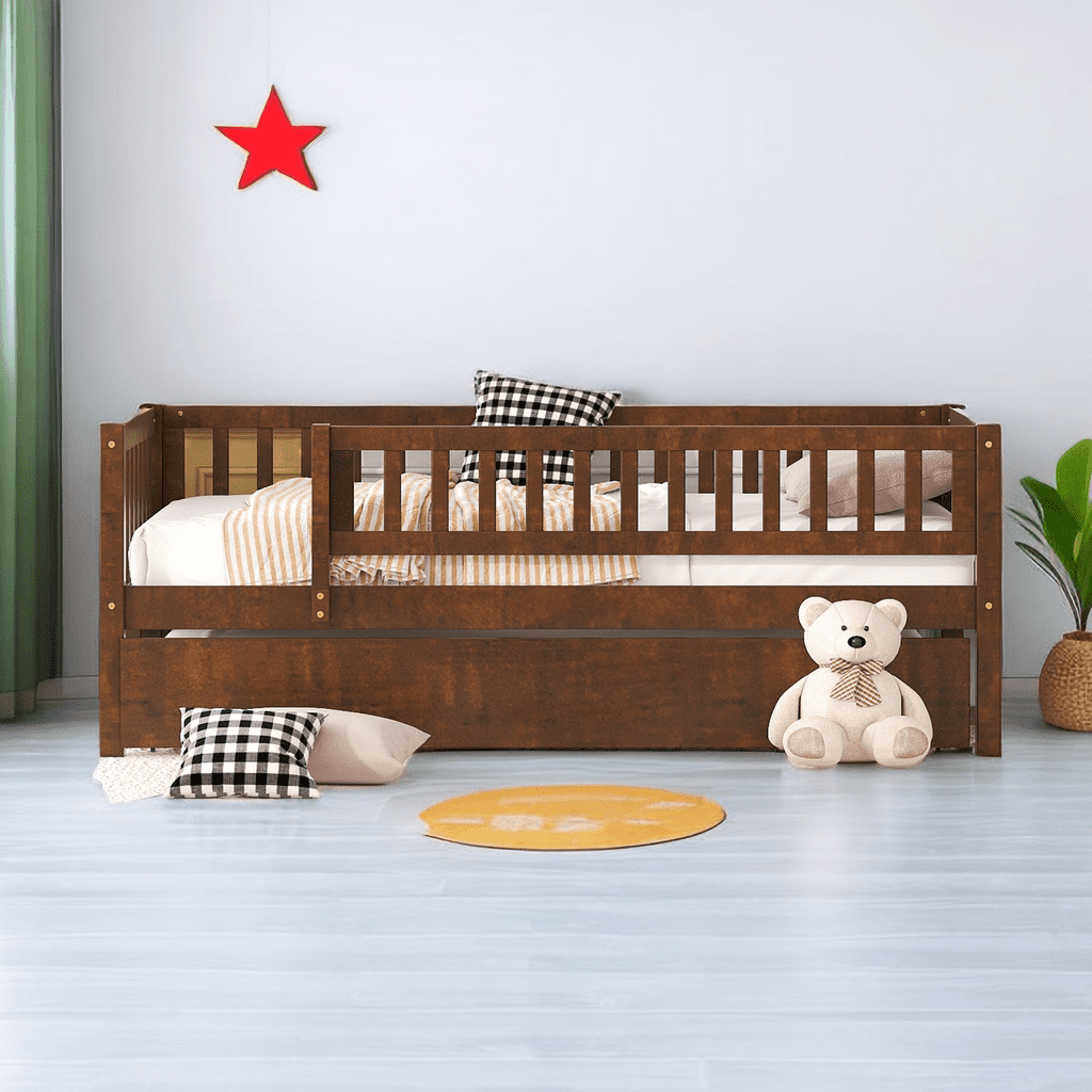 Twin Size Wood Daybed,Twin Day Bed Frames with Trundle and Safety Fence ...