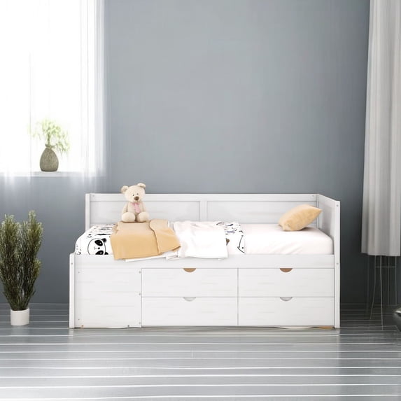 Twin Size Wood Daybed with 4 Storage Drawers and Storage Shelf, Solid Wood Bed Frame for Bedroom, No Box Spring Needed