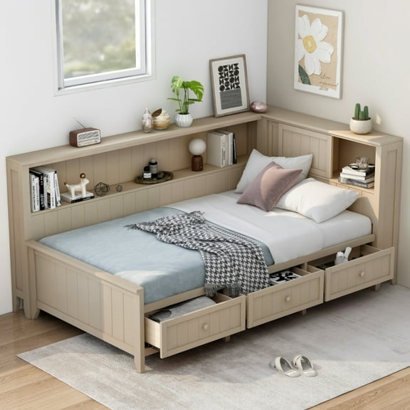Twin Size Wood Daybed with Storage Shelves and 3 Drawers, Antique White Milk