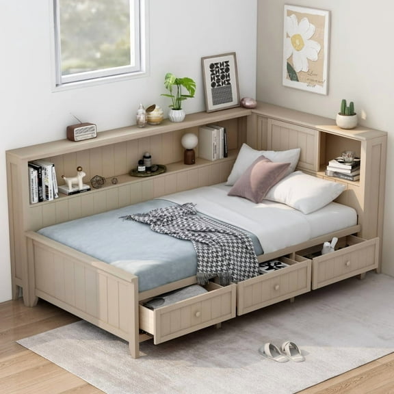 Twin Size Wood Daybed with Storage Shelves and 3 Drawers, Antique White Milk