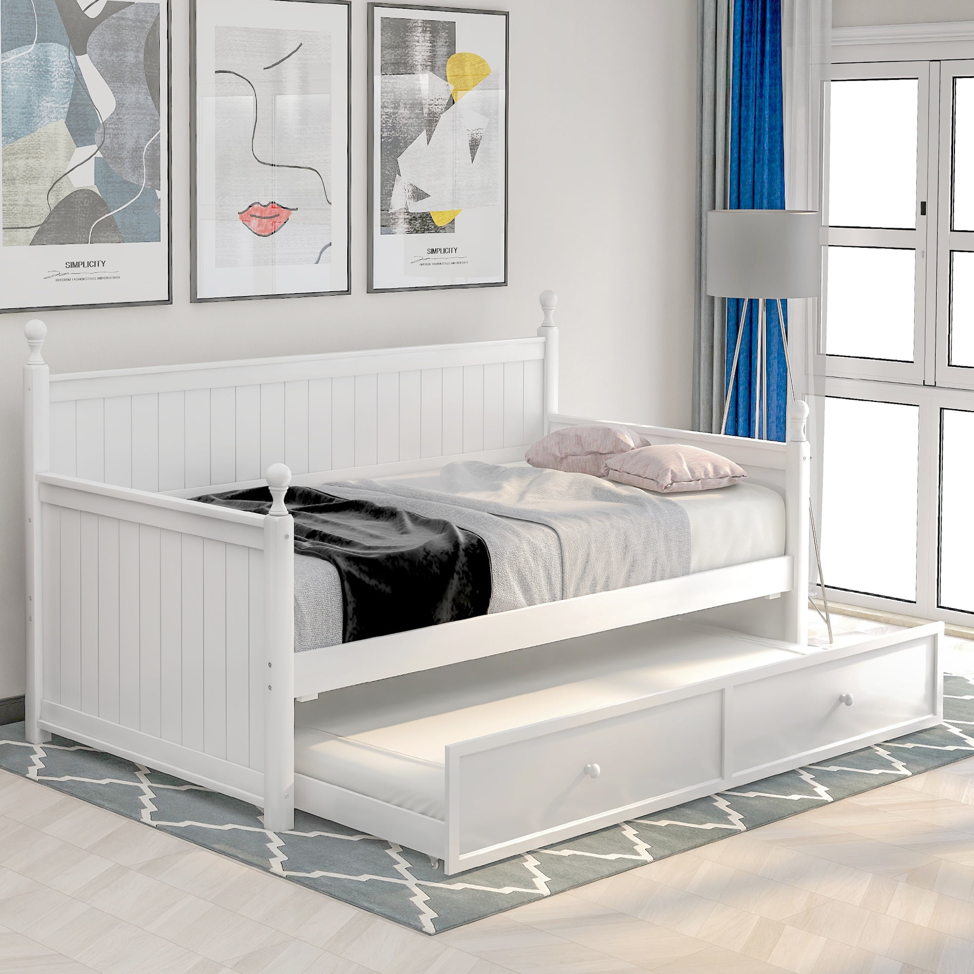 Twin Size Wood Daybed with Trundle, White Wood Day Bed for Small Spaces
