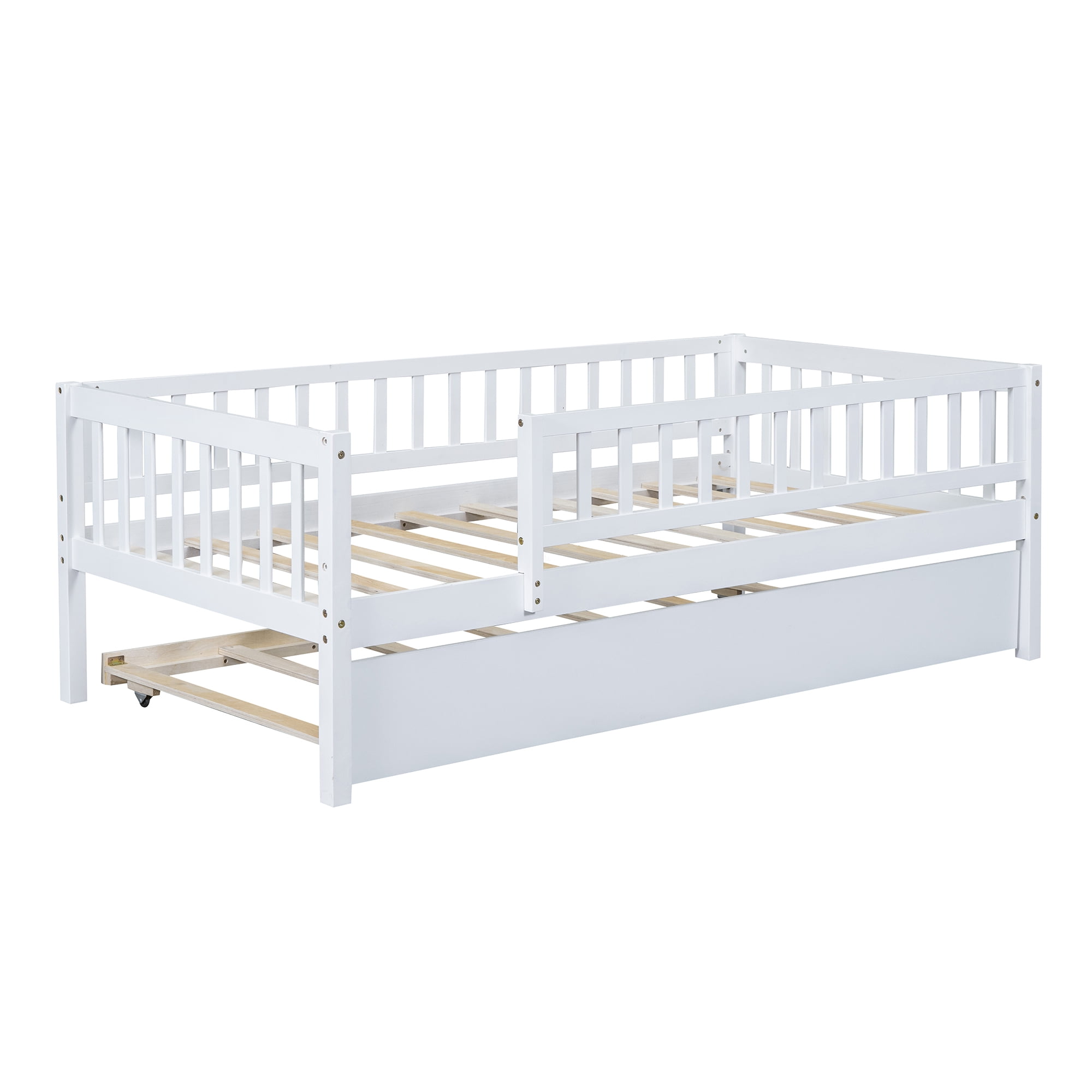 Twin Size Wood Daybed with Trundle and Fence Guardrails, White