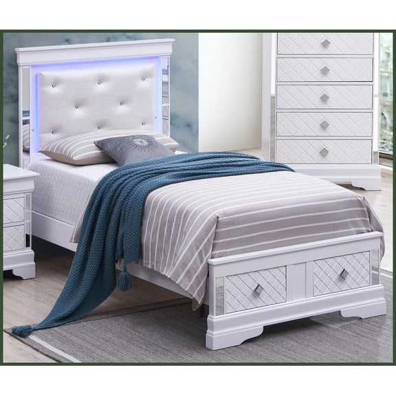 Twin Size Wood-Embossed Platform Bed Frame with LED Headboard - Silver Champagne, No Box Spring Needed