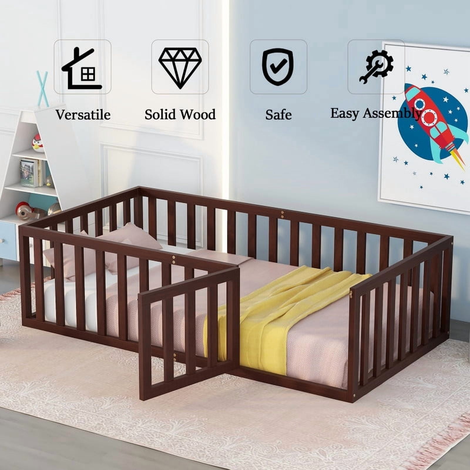Twin Size Wood Floor Bed with Door & Fence, Montessori Bed Frame with Full Length Safety Guardrails, Wood Twin Bed with Slats, No Box Spring Needed-Walnut