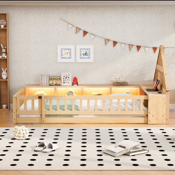 Twin Size Wood Floor Bed with Guardrail, House-Shaped Headboard, Storage Cabinets, LED Lighting & USB/Type-C Charging Station, Low-Profile Bed Frame, No Box Spring Needed, Natural