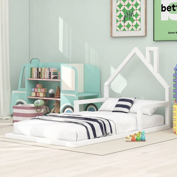 Twin Size Wood Floor Bed sporting a House-shaped Headboard and White Color