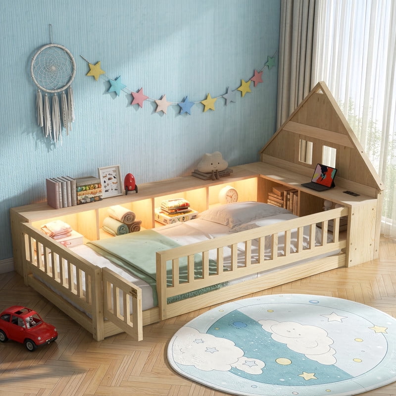 Twin Size Wood Floor Bed with Guardrail & Small Door, House-Shaped Bookcase Headboard Kids Platform Storage Bed with LED & Outlet