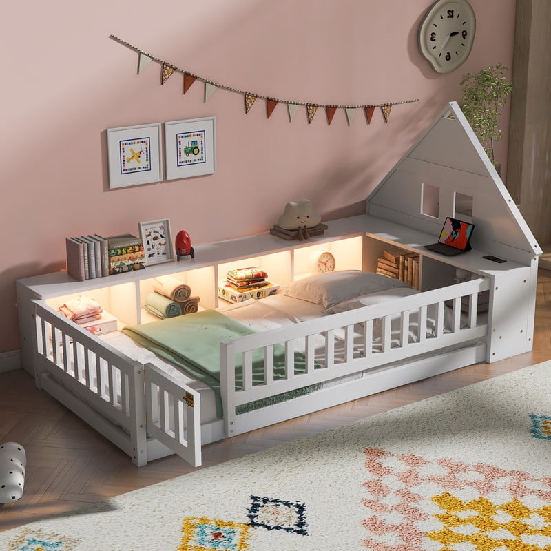 Twin Size Wood Floor Bed with Guardrail & Small Door, House-Shaped Bookcase Headboard Kids Platform Storage Bed with LED & Outlet