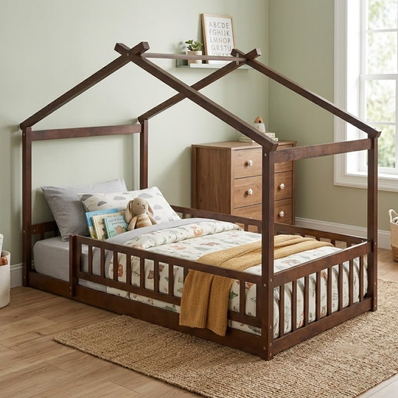 Twin Size Wood House Bed Floor Bed with Fence and Guardrails, Kids Playhouse Bed Toddler Bed Montessori Bed for Kids Boys Girls, No Box Spring Needed