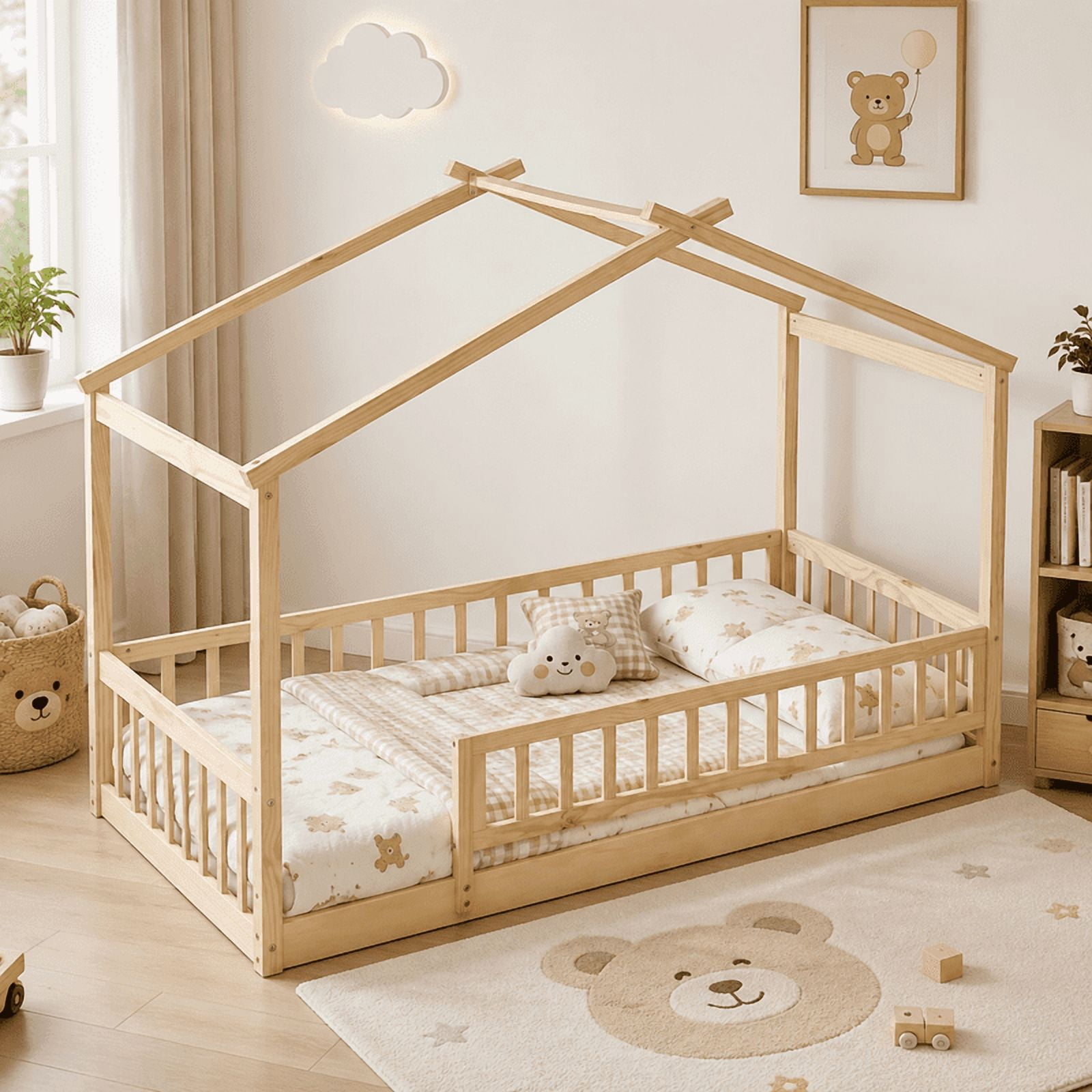 Twin Size Wood House Bed Floor Bed with Fence and Guardrails, Kids Playhouse Bed Toddler Bed Montessori Bed for Kids Boys Girls, No Box Spring Needed