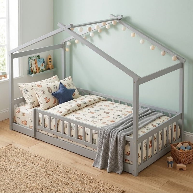 Twin Size Wood House Bed Floor Bed with Fence and Guardrails, Kids Playhouse Bed Toddler Bed Montessori Bed for Kids Boys Girls, No Box Spring Needed