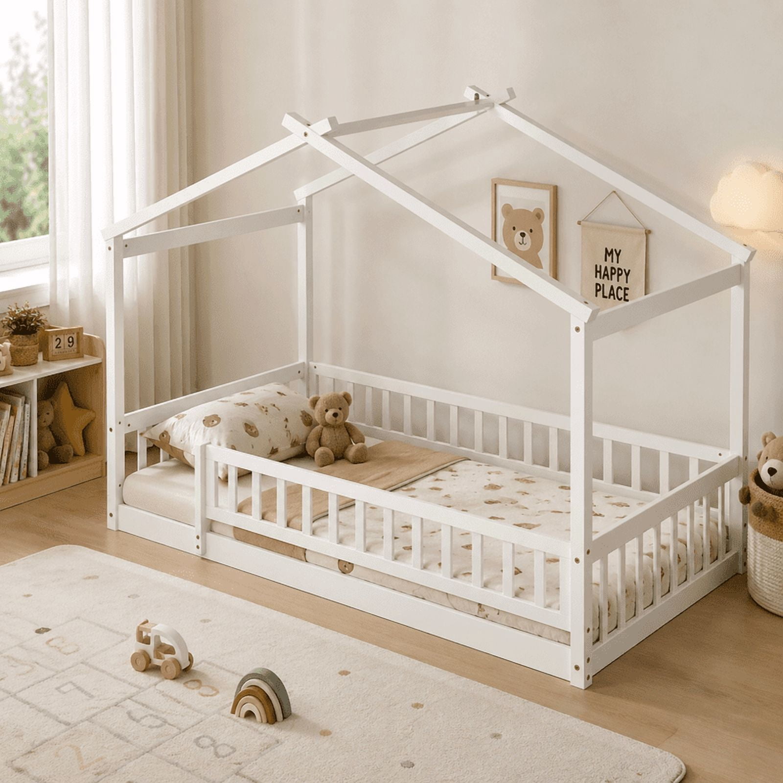 Twin Size Wood House Bed Floor Bed with Fence and Guardrails, Kids Playhouse Bed Toddler Bed Montessori Bed for Kids Boys Girls, No Box Spring Needed