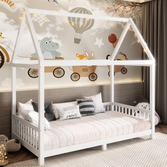 Twin Size Wood House Bed With Led And Guardrail For Comfort, White A Comfy Bedroom,