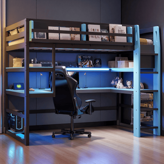Twin Size Wood Loft Bed with Desk, Multi-Storage Shelves, Side Storage Rack and RGB LED Light, Loft Bed with USB Charging Ports, No Box Spring Needed,Blue