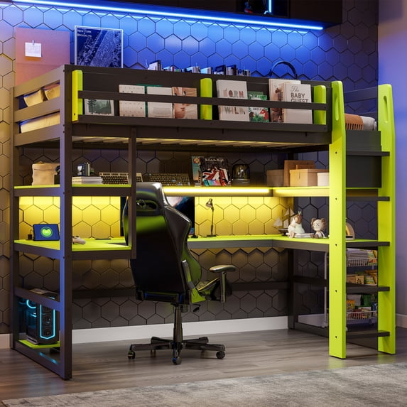 Twin Size Wood Loft Bed with Desk, Side Storage Rack, Multi-Shelves & RGB Light,Green