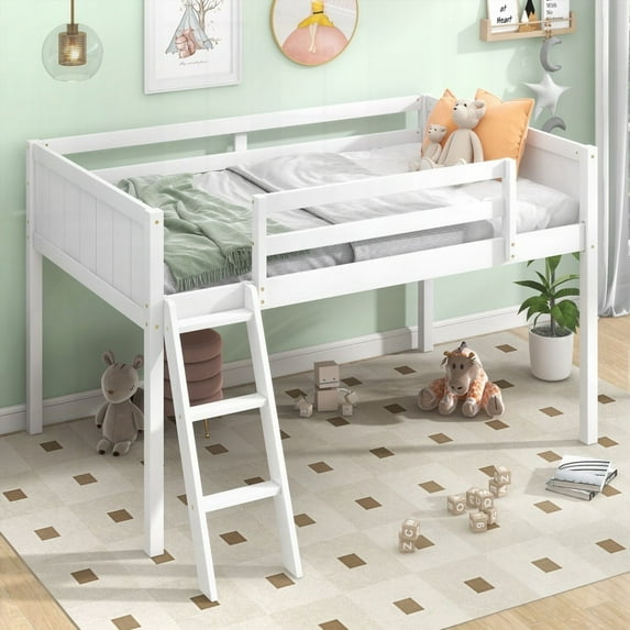 Twin Size Wood Low Loft Bed with Convertible Ladder (Left or Right), Sturdy Pine Wood+MDF, Safe with Full-Length Guardrails