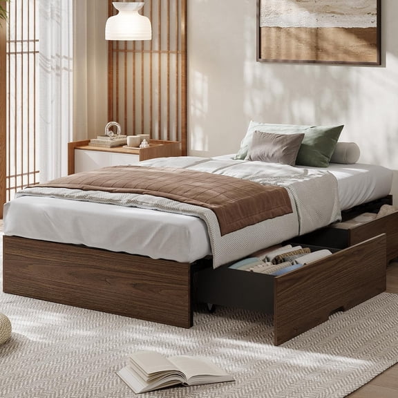 Twin Size Wood Platform Bed Frame with 2 Storage Drawers, No Headboard, Wood Slat Support, No Box Spring Needed, Easy Assembly