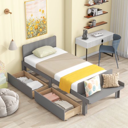 Twin Size Wood Platform Bed Frame with Footboard Bench and 2 Drawers for Girls and Boys, Bedroom Furniture for Kids Teens Adult, Gray