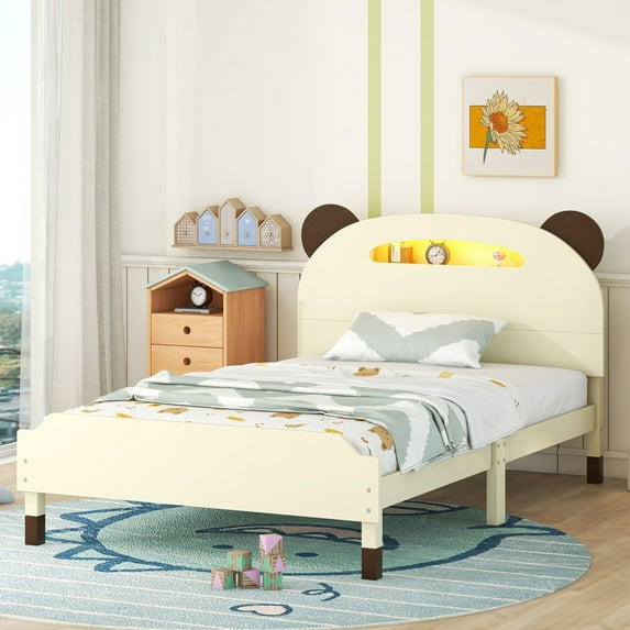Twin Size Wood Platform Bed with Bear-shaped Headboard,Cosymart Bed with Motion Activated Night Lights,Cream+Walnut