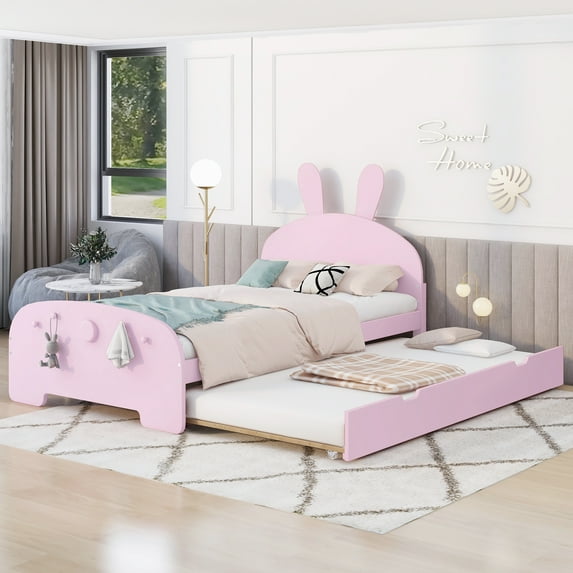Twin Size Wood Platform Bed with Cartoon Ears Shaped Headboard and Trundle, Wood Platform Bed Frame with Headboard(Pink, Twin)