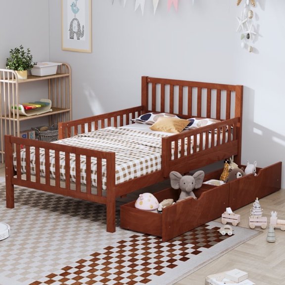 Luckynote Twin Size Solid Wood Platform Bed, with Drawers and Guard, Walnut