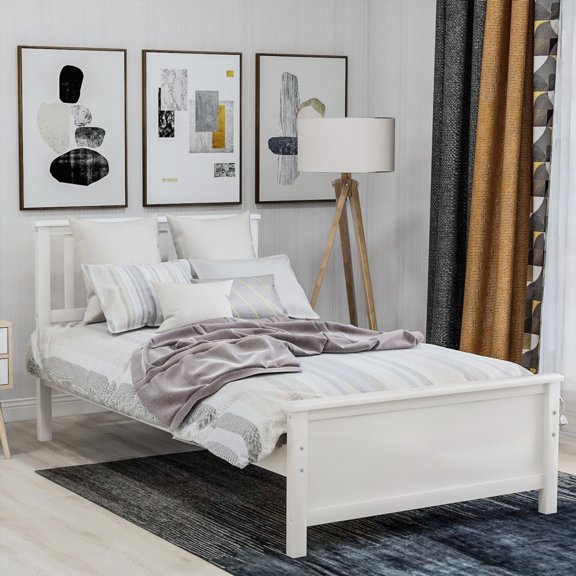 Twin Size Wood Platform Bed with Headboard & Footboard - White | Solid Construction