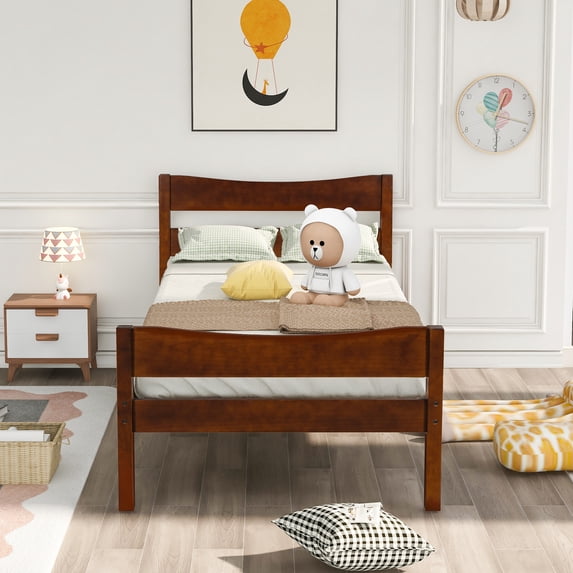 Twin Size Wood Platform Bed with Headboard and Wooden Slat Support