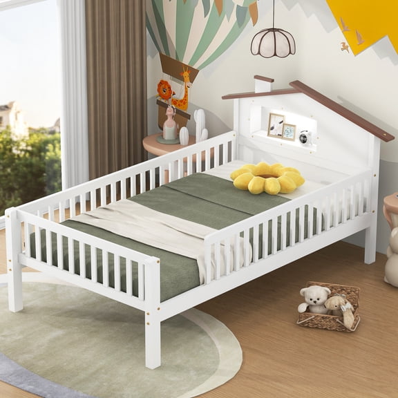 Twin Size Wood Platform Bed with House-shaped Headboard, LED and Built-in Storage, Natural