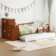 thumbnail image 1 of [Luckynote]Twin Size Wood Platform Bed with Sample Bookshelf and Movable Wardrobe, Multifunctional Bed with Built-in Trundle Bed, Walnut, 1 of 16