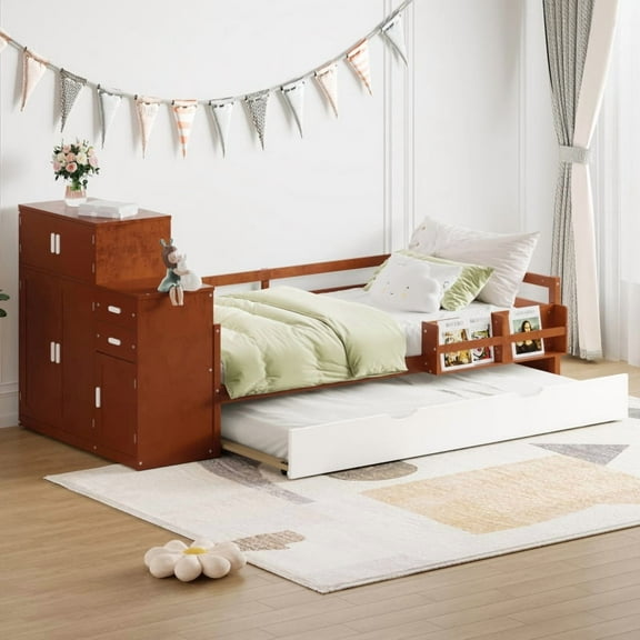 [Luckynote]Twin Size Wood Platform Bed with Sample Bookshelf and Movable Wardrobe, Multifunctional Bed with Built-in Trundle Bed, Walnut