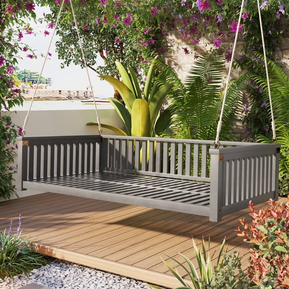 Twin Size Wood Porch Swing with Ropes – Patio Garden Swing Bed, Sloped Design for Backyard, Gray