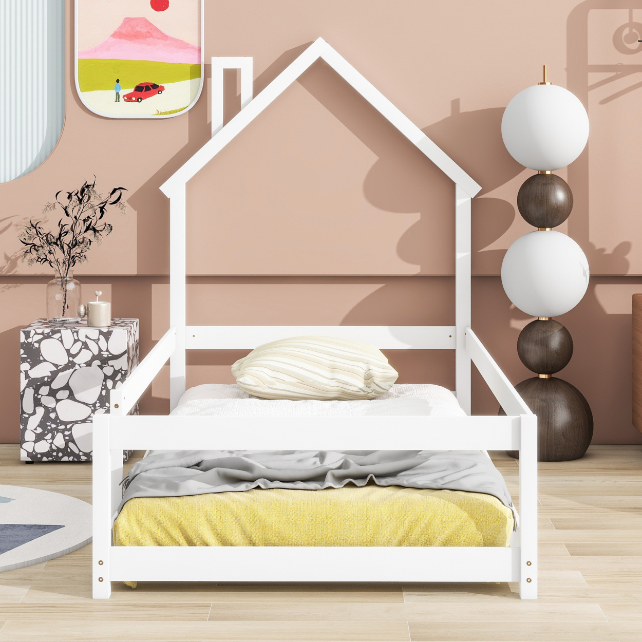 Kids' Twin House Floor Bed With Fences - Gray Fun Montessori House-Shaped Headboard - Easy Assembly Low Bed For Boys & Girls