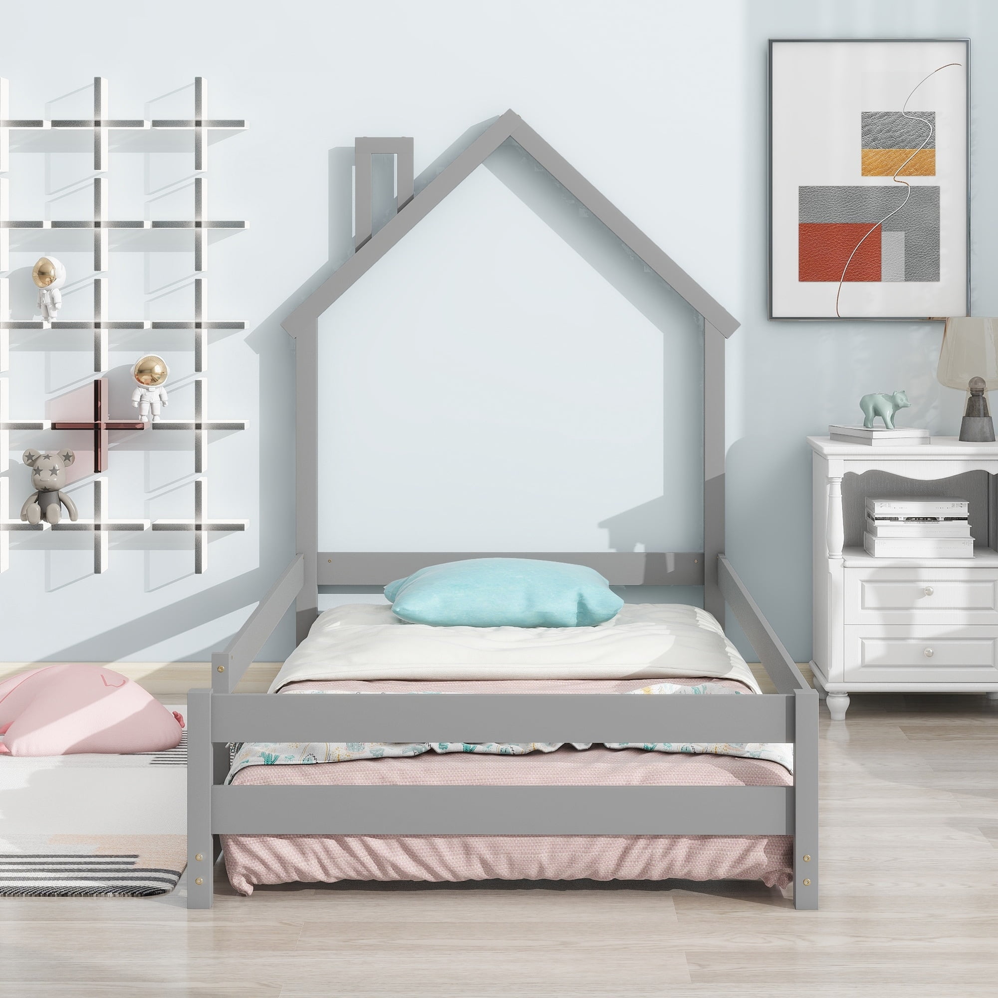 Twin Size Grey Pine Wood House-Shaped Headboard Bed with Guardrails
