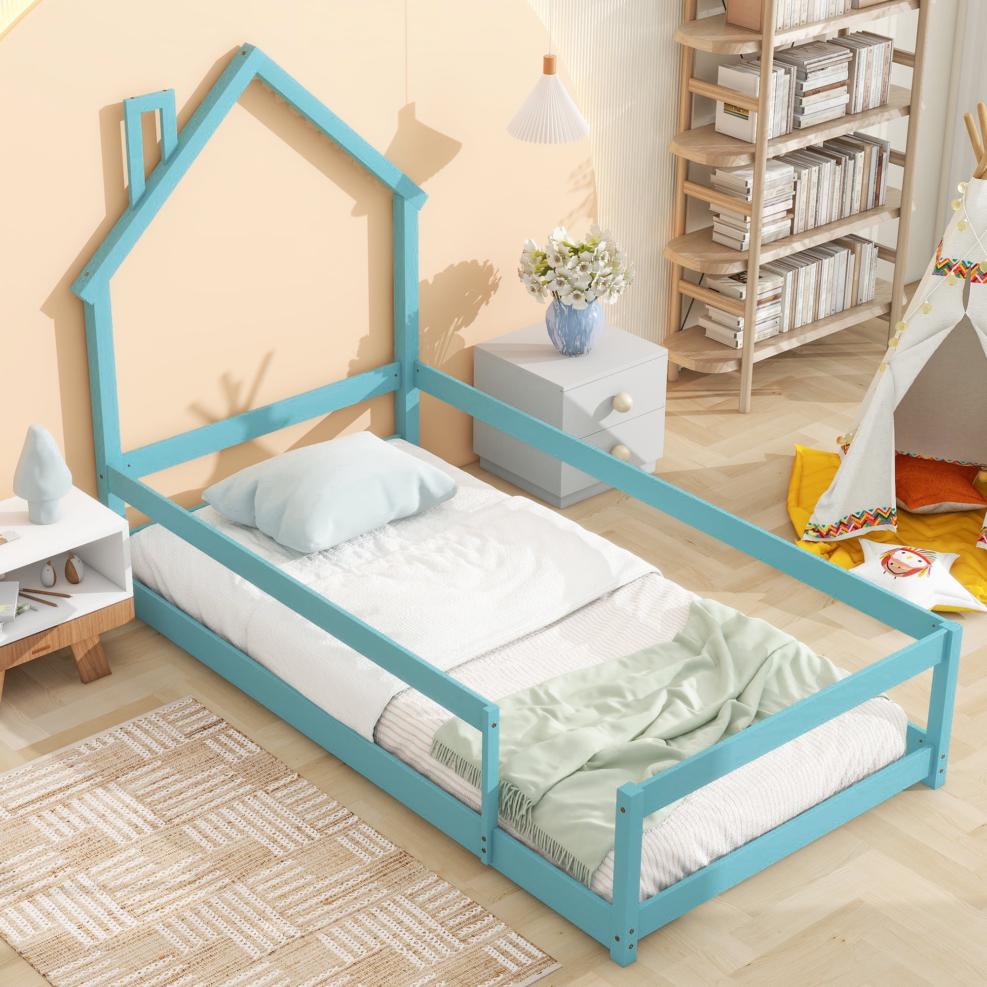 Twin Size Wood bed with House-shaped Headboard Floor bed with Fences ...
