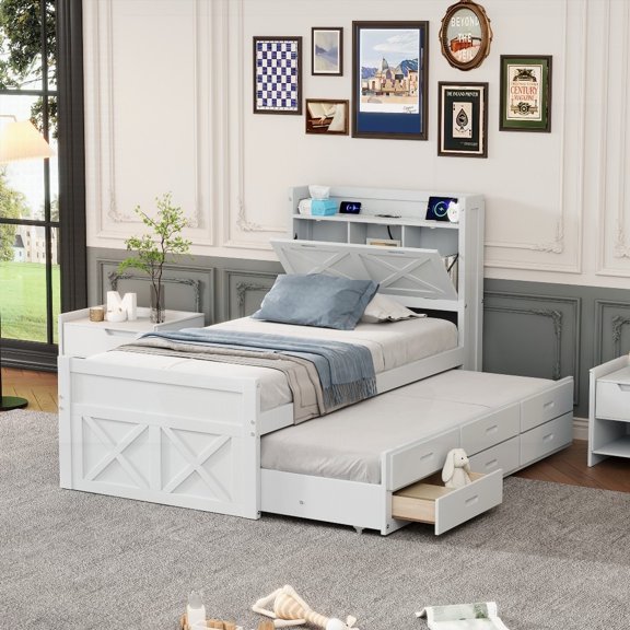 Twin Size Wooden Bed having Storage Headboard & Outlets, Extendable & with Twin Trundle + 3 Drawers, Elegant White