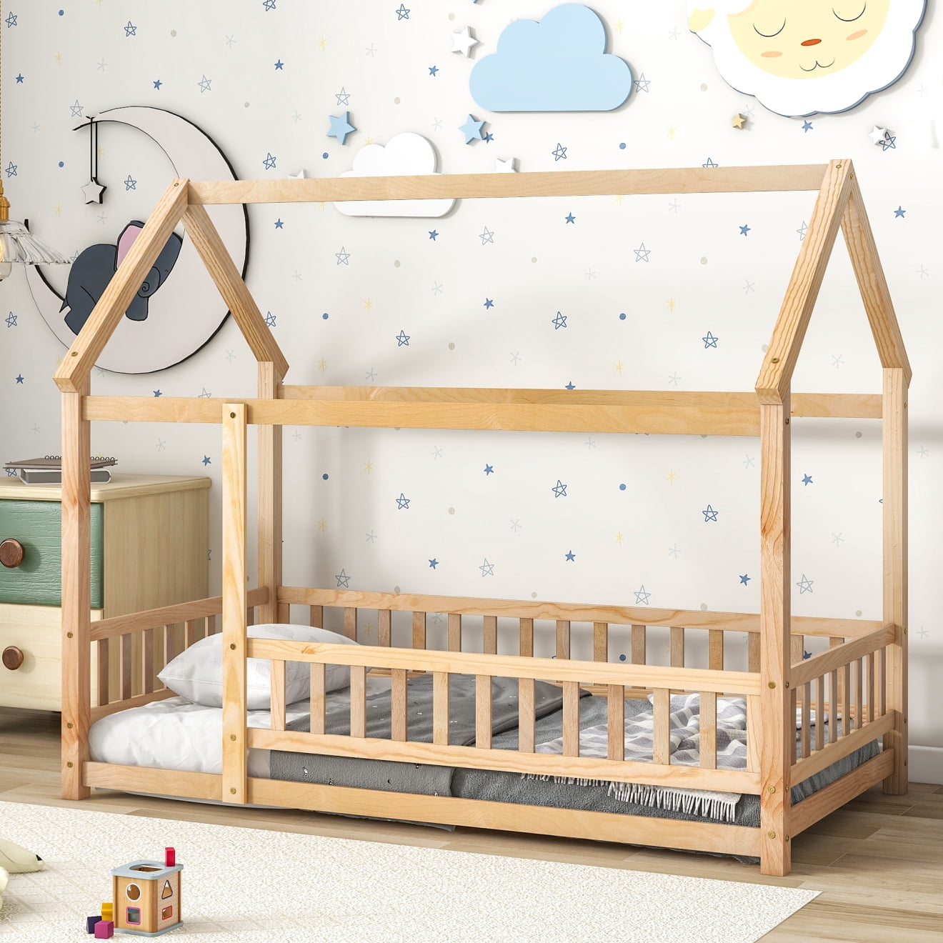 Twin Size Wooden Bed with House Roof Frame, House Bed Frame with Fence Guardrails for Girls Boys Teens, Natural