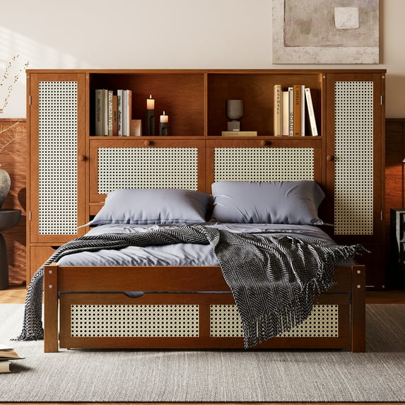 Twin Size Walnut Wooden Bed w/ Rattan Headboard, Storage Lockers & Drawer - Platform Bed for Bedroom. Space-Saving Design, Durable Wood. 87.4"x69.1"