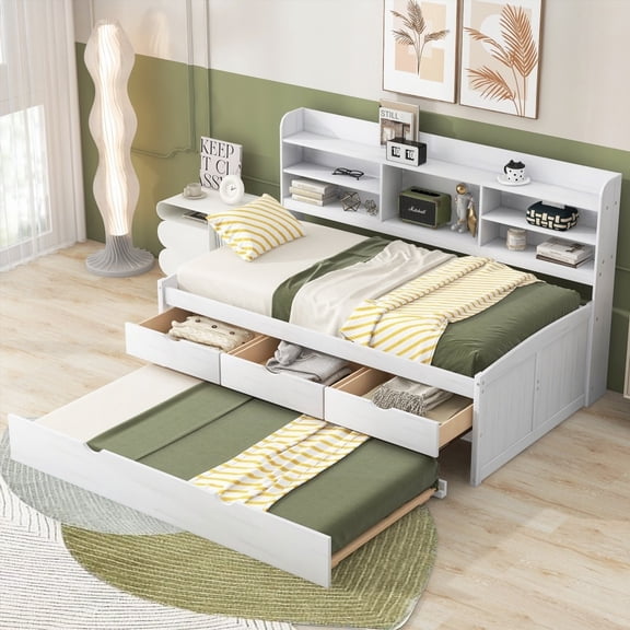 Twin Size Wooden Captain Bed - Built-in Bookshelves & Drawers