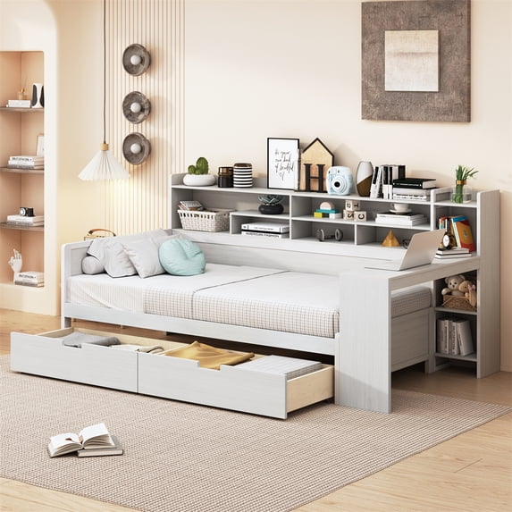 Twin Size Wooden Daybed with Storage Shelves, Multi-functional Bed Frame with Two Storage Drawers and Study Desk, Daybed Sofa Bed for Bedroom Space-Saving