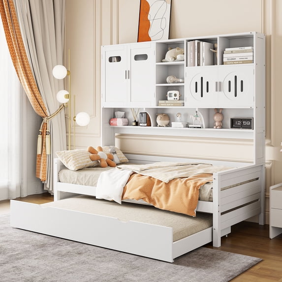 Twin Size Wooden Daybed With Twin Size Trundle, and All-in-One Cabinet and Shelf, White