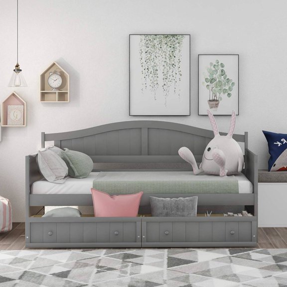 Twin Size Wooden Daybed with 2 Storage Drawers, Arched Headboard and Armrests, Gray