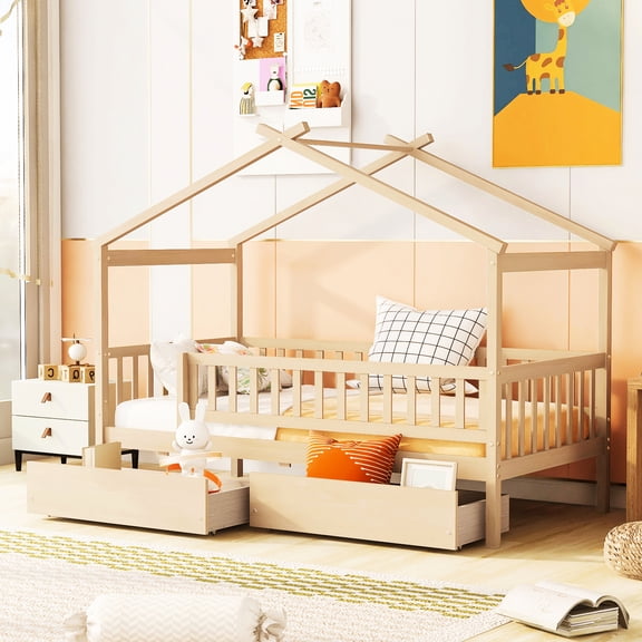 Twin Size Wooden House Bed For - Two Drawer Storage, Wood Construction, Natural, Headboards Included With Space Solid Natural Finish,
