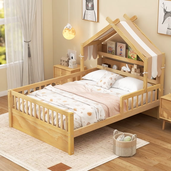 Twin Size Wooden House Bed with Storage Headboard Shelf, Solid Pine Frame, Removable Canopy, Full-Length Guardrails, Low-Profile Design, No Box Spring Needed, Natural