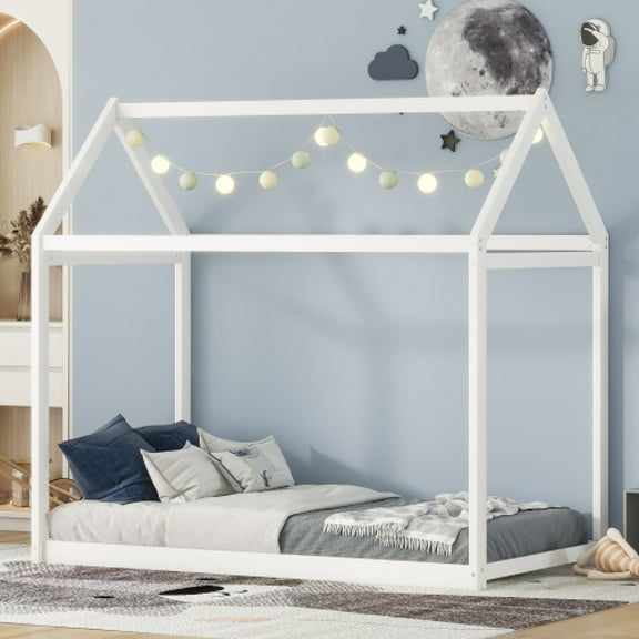 Twin Size Wooden House Bed, White - Eave-Detailed Design, Multi-Purpose Nook, Durable Build & Easy Assembly