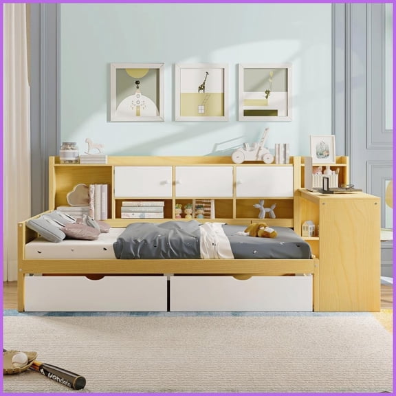 Twin Size Wooden L-Shape Storage Daybed with Study Desk & Bookshelf Natural+White for Small Spaces