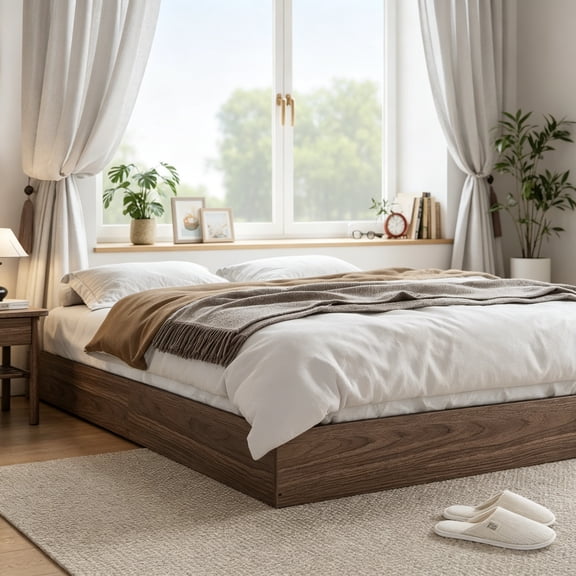Twin Size Wooden Platform Bed Frame, Floor-Standing Bed Frame with Wood Slats Support, No Box Spring Needed, Low Profile, No Headboard, Easy Assembly, for Small Bedrooms, Apartments, Walnut