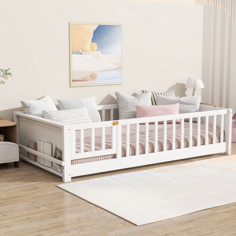 Twin Size Wooden Platform Bed with Safety Guardrails & Built-in Bookshelf, Montessori Kids Floor Bed Frame with Door