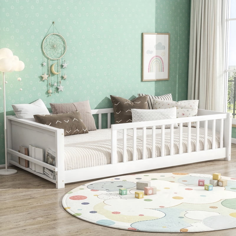 Twin Size Wooden Platform Bed with Safety Guardrails & Built-in Bookshelf, Montessori Kids Floor Bed Frame with Opening