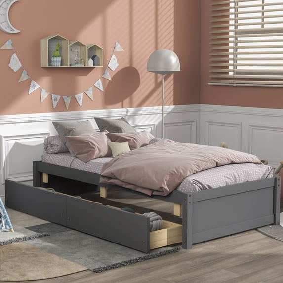 Twin Size Wooden Platform Bed with Storage Drawers, Gray